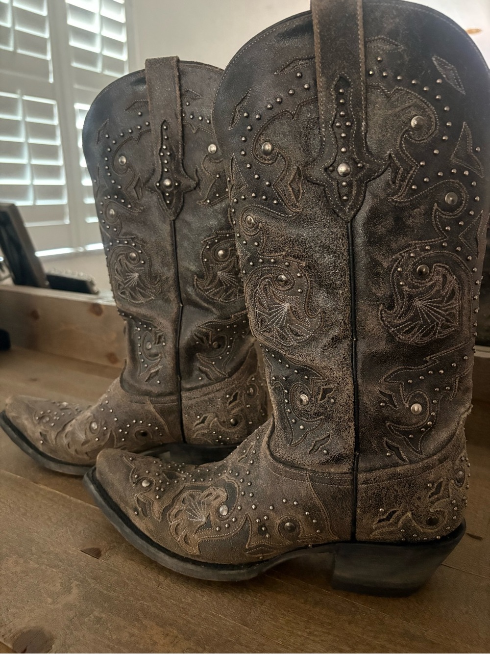 Lucchese Distressed Brown Embroidered Western Boots with Studs